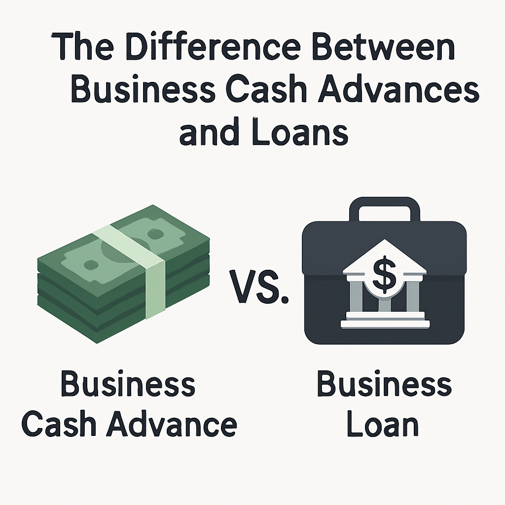 An informative graphic titled "The Difference Between Business Cash Advances and Loans" features an icon representing a stack of cash labeled "Business Cash Advance" on the left, contrasted with an icon for a "Business Loan" below it. The image highlights the distinctions between these funding options for small business owners, focusing on cash flow and financing needs.