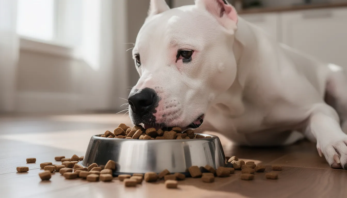 A Dogo Argentino with a muscular build and a white coat is eagerly eating high-quality kibble from a dog bowl, showcasing its loyalty and affectionate nature as a family companion. This breed, originally bred for hunting big game, displays its strong hunting instincts even during mealtime.