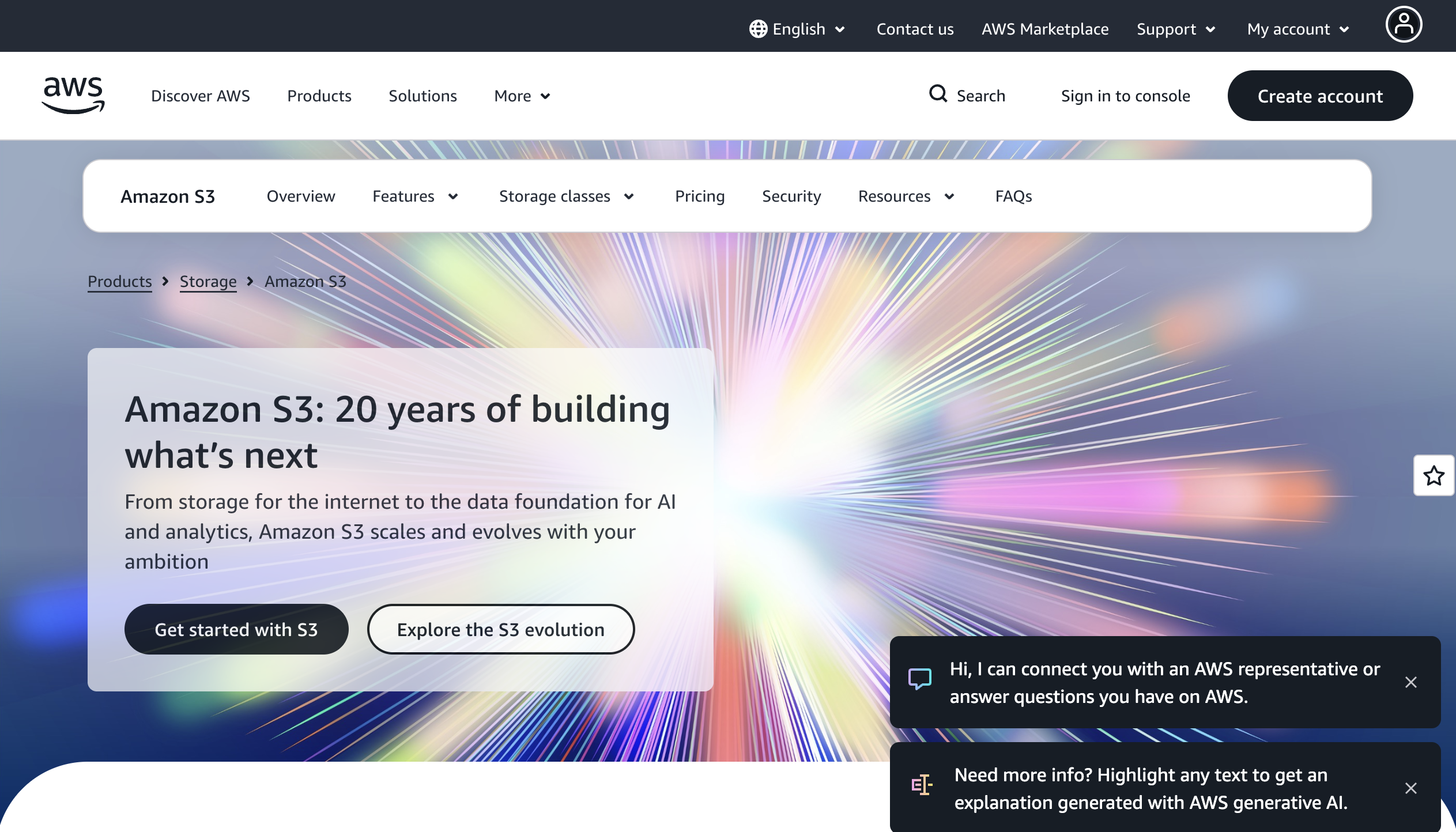 Amazon S3 website homepage