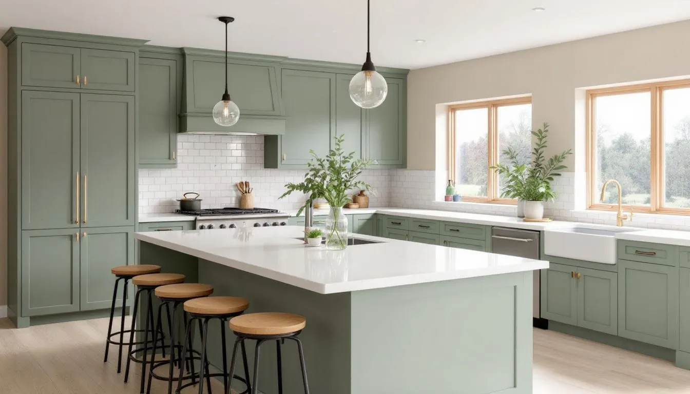 In this modern farmhouse kitchen, sage green cabinets, painted in Sherwin Williams Clary Sage, beautifully contrast with soft white marble countertops, creating a cozy and inviting space. The design features a farmhouse sink and an island, enhancing the warm and timeless color palette.