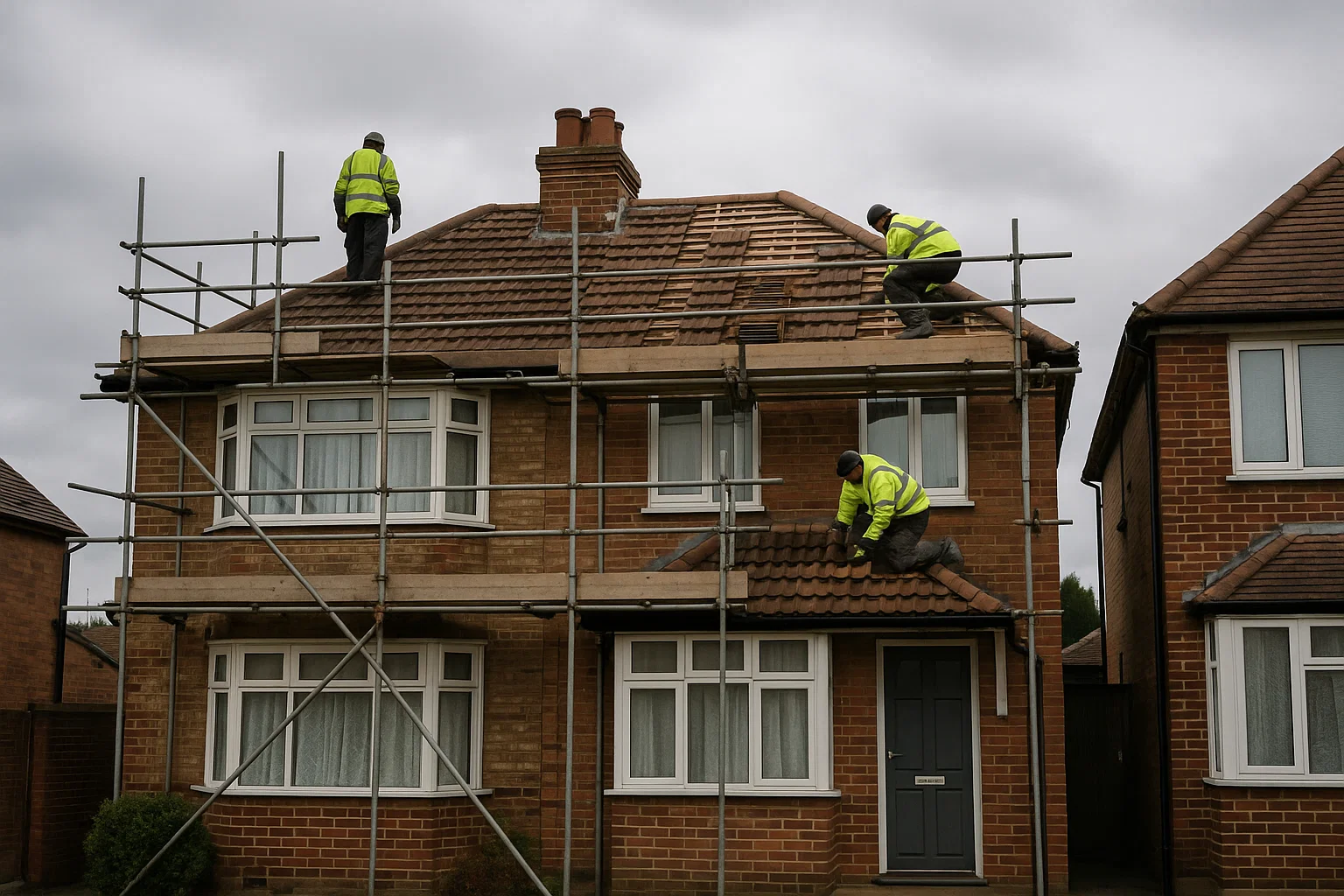 Roof replacement in progress on a UK suburban home with scaffolding and workers on-site.