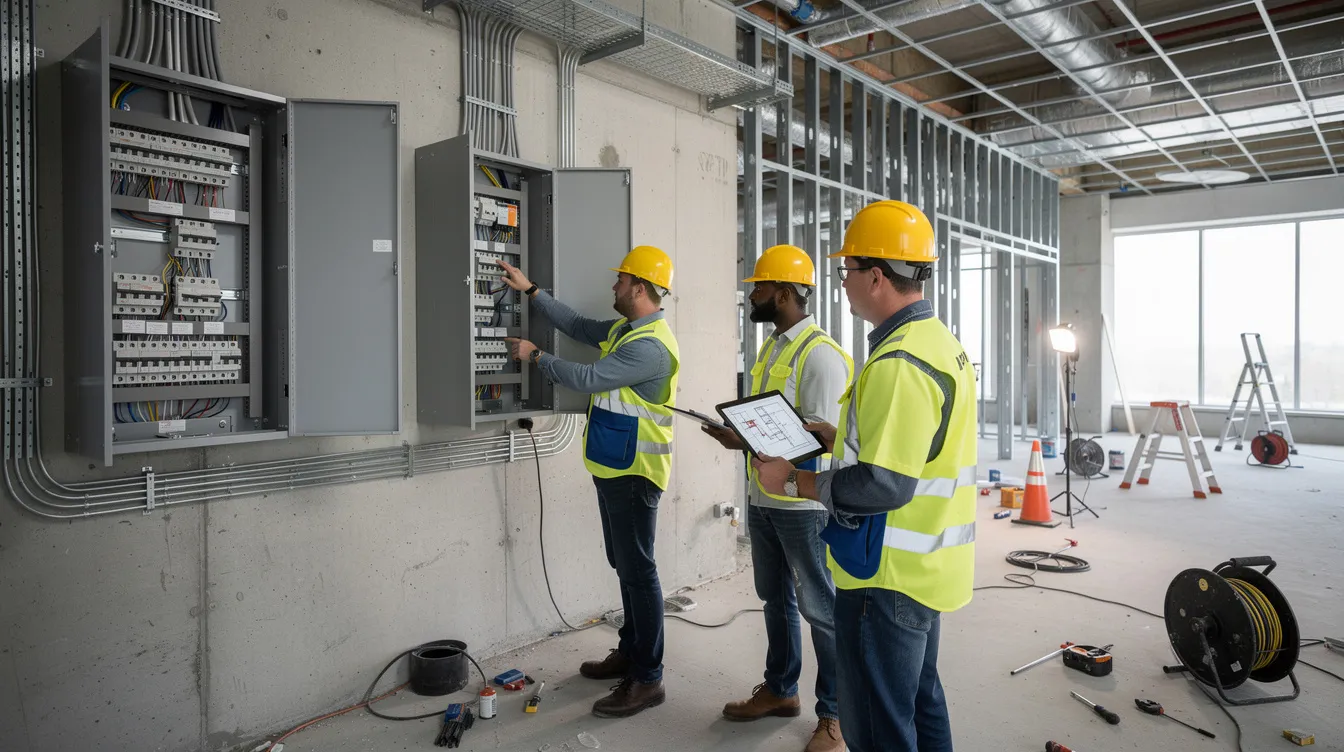 Construction workers reviewing electrical equipment and conduit at a commercial job site.