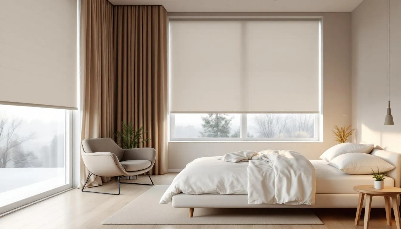 A modern room with motorized shades for convenience.