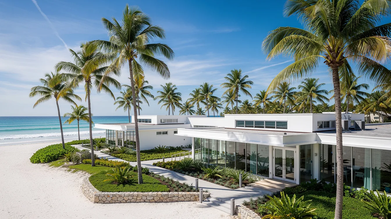 The image depicts an oceanfront treatment facility nestled among palm trees under a clear blue sky, creating a serene environment ideal for individuals seeking recovery from drug and alcohol addiction. This tranquil setting is designed to support various addiction treatment programs, including couples rehab and group therapy sessions, promoting a holistic approach to healing and lasting recovery.