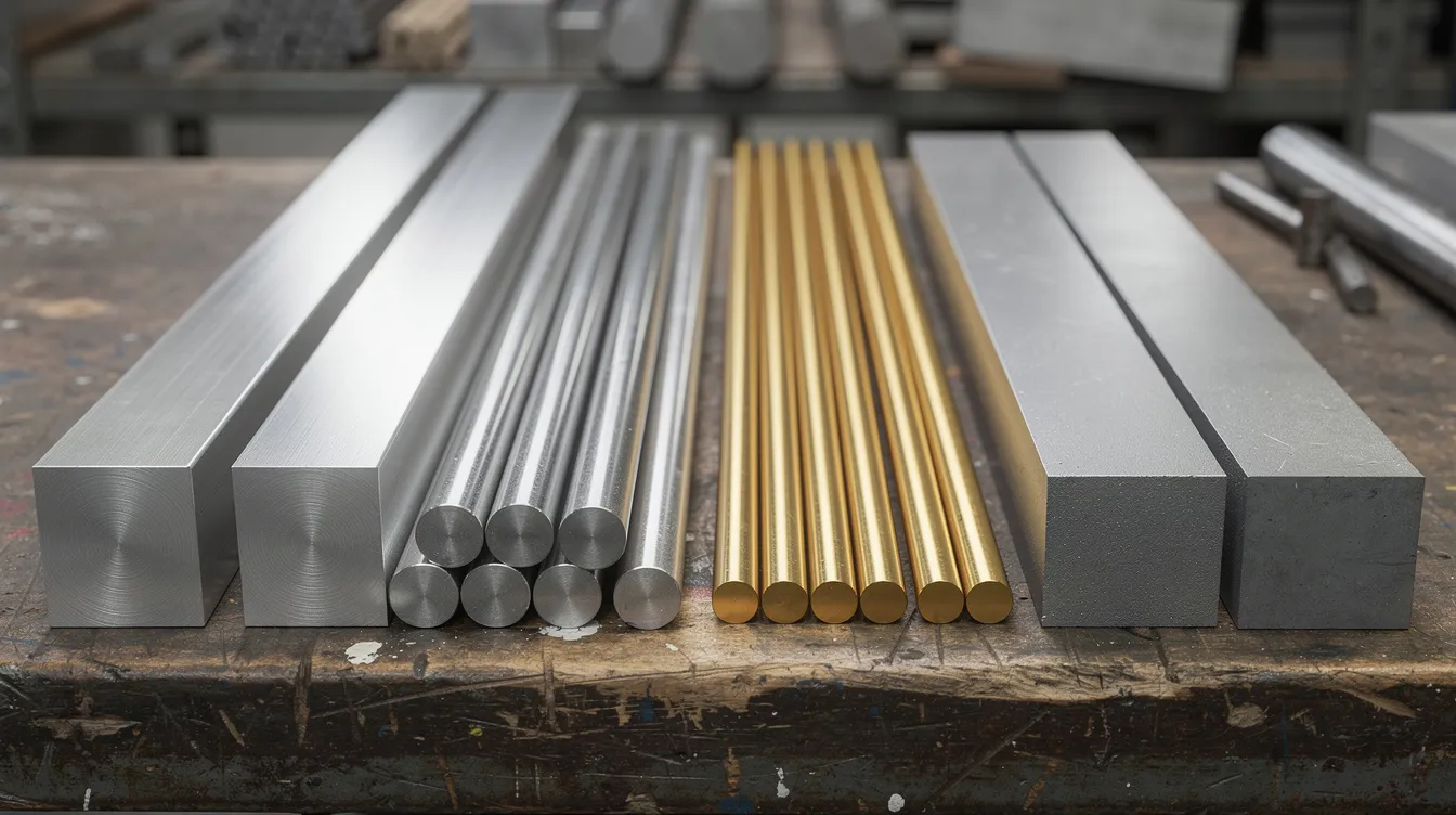 The image features an assortment of raw metal stock, including aluminum bars, stainless steel rounds, brass rods, and titanium blocks, neatly arranged on a workshop table, highlighting the materials commonly used in CNC machining services and metal fabrication. These materials are essential for producing precision machined parts that meet tight tolerances and high standards in various industries.