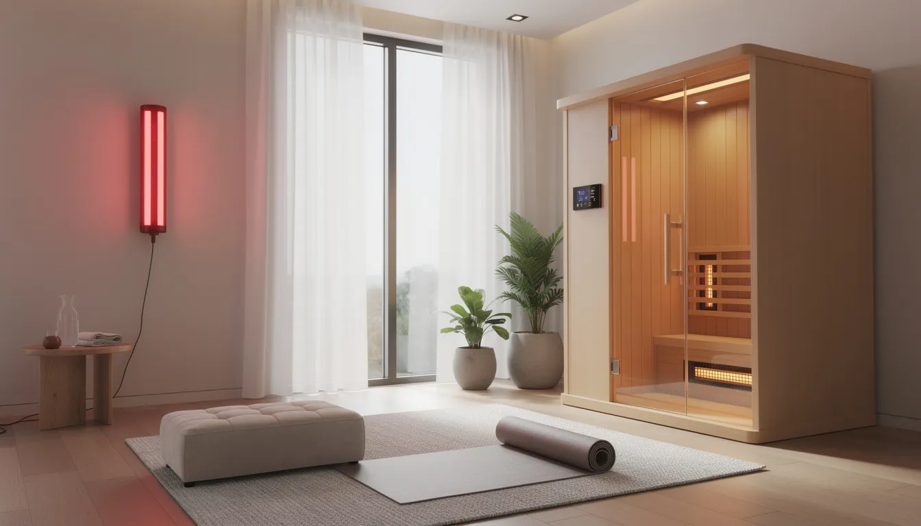The image depicts a modern wellness room featuring a sleek infrared sauna and a red light therapy panel, both designed to enhance overall health and well-being. This setup highlights the therapeutic benefits of infrared sauna therapy and red light therapy, promoting improved skin health, muscle recovery, and cardiovascular health.