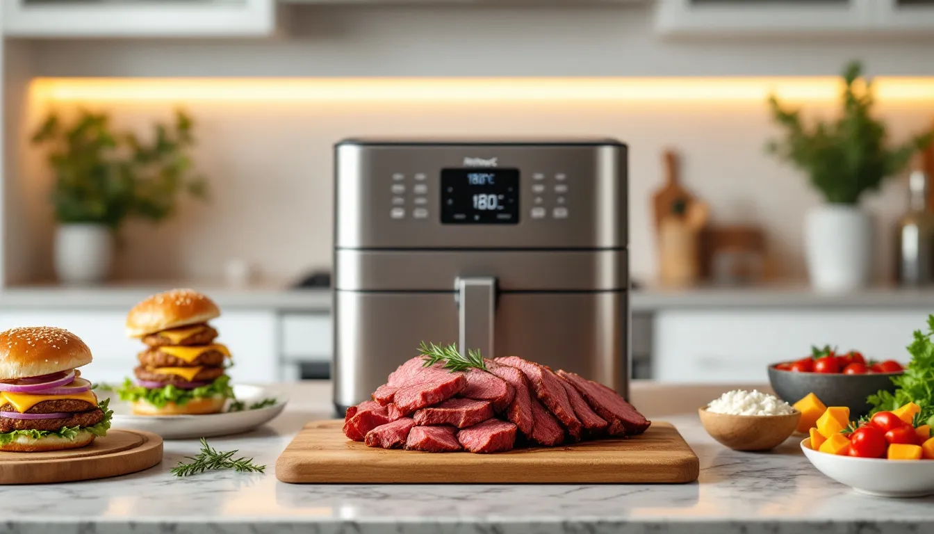 Serving suggestions for roast beef including a sandwich and sides.