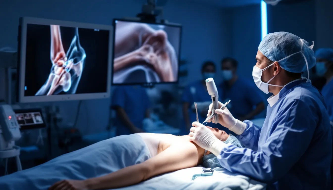An image depicting a surgeon performing shoulder arthroscopy surgery, showcasing the use of a small camera called an arthroscope and miniature surgical instruments to treat shoulder problems such as rotator cuff tears and shoulder impingement. The scene illustrates the minimally invasive nature of the procedure, with tiny incisions visible on the patient's shoulder joint.