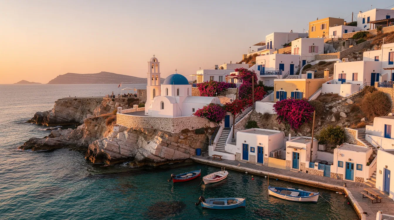 A imagem retrata a ilha de Paros, na Grécia, conhecida por sua beleza natural e cultura rica. É um destino popular entre viajantes que buscam relaxar à beira do mar Egeu, com opções de hospedagem que variam em preços e estilos, ideal para quem planeja uma viagem inesquecível.