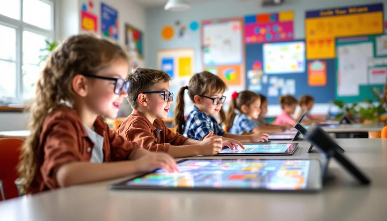 Un grupo de niños se encuentra en un aula, interactuando con plataformas educativas a través de dispositivos electrónicos. Están aprendiendo jugando, utilizando juegos interactivos y actividades que fomentan la educación primaria y el acceso a conocimientos en diversas materias.
