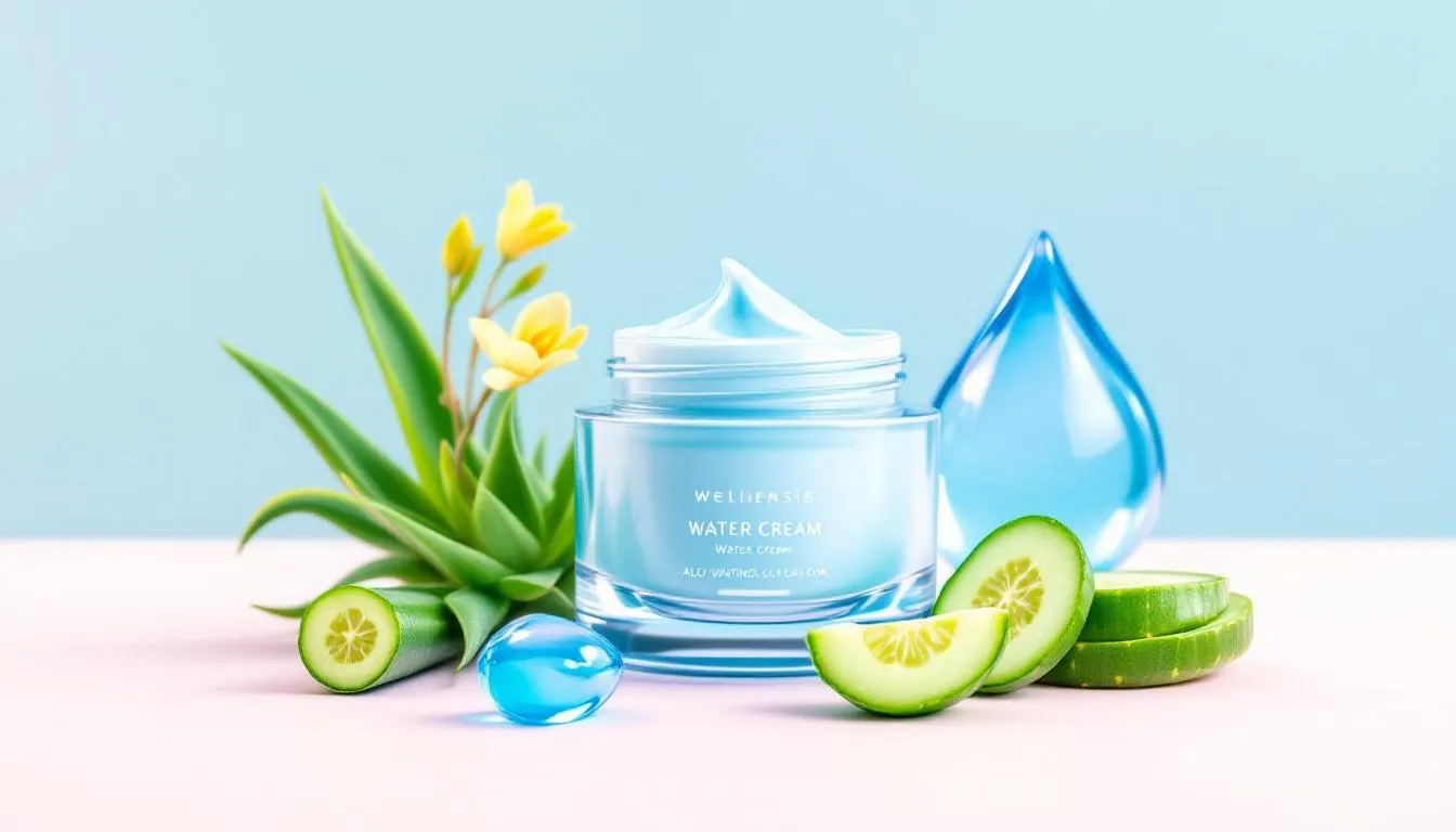 An artistic representation of a water cream jar surrounded by hydrating ingredients.