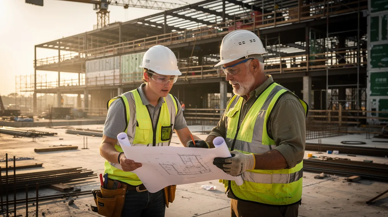 A young construction apprentice is engaged in on-the-job training with an experienced mentor, closely examining blueprints at a partially built commercial structure. This scene highlights the importance of workforce development and structured training in the construction industry, emphasizing the mentorship role in shaping skilled workers for future projects.