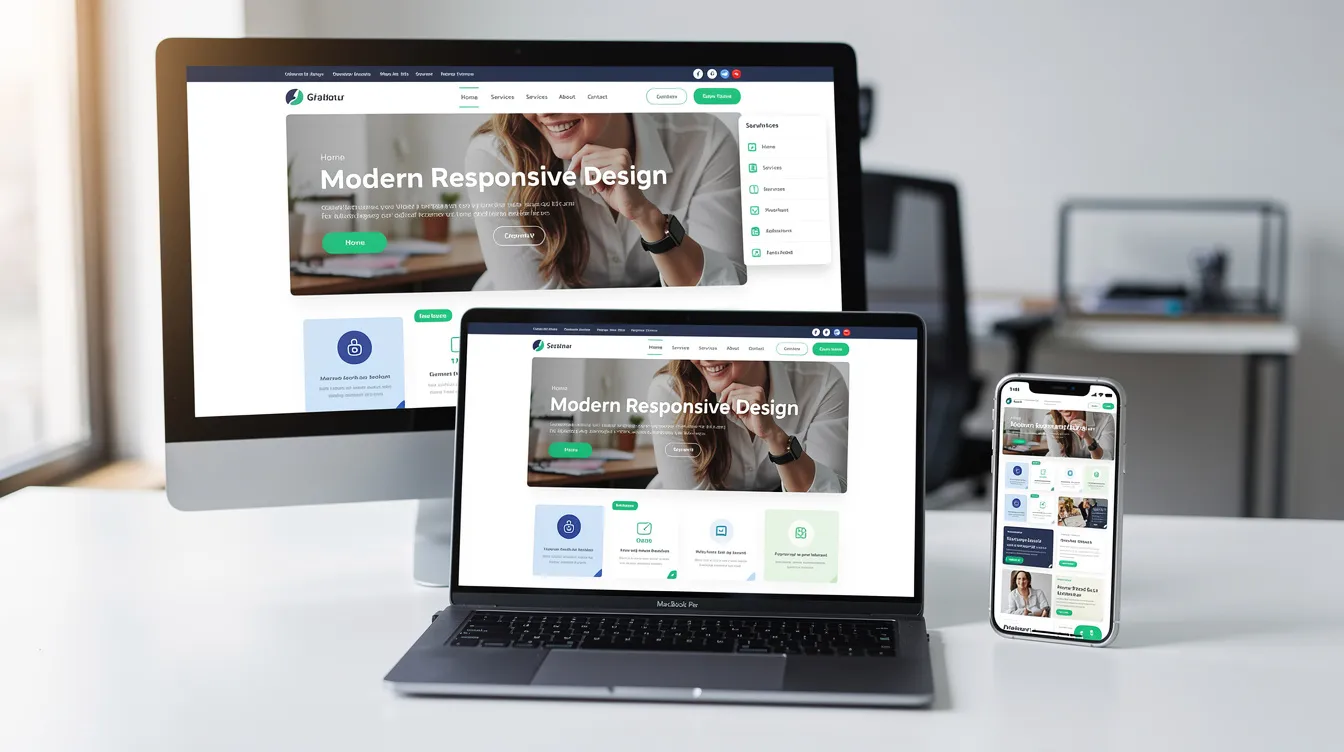 The image showcases a modern, responsive website displayed simultaneously on a laptop, desktop, and mobile device, illustrating the importance of web design services for businesses. This visual representation highlights how a custom web design can enhance user engagement and improve a brand's digital presence across various platforms.