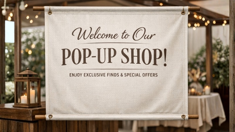 Greeting on canvas banner at a pop-up