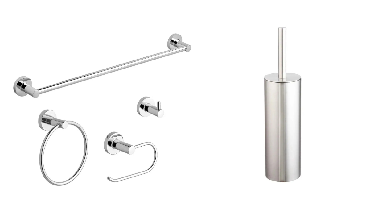 Bathroom accessories examples - towel rail and ring, loo roll holder, robe hook and toilet brush holder, all in matching satin chrome finish