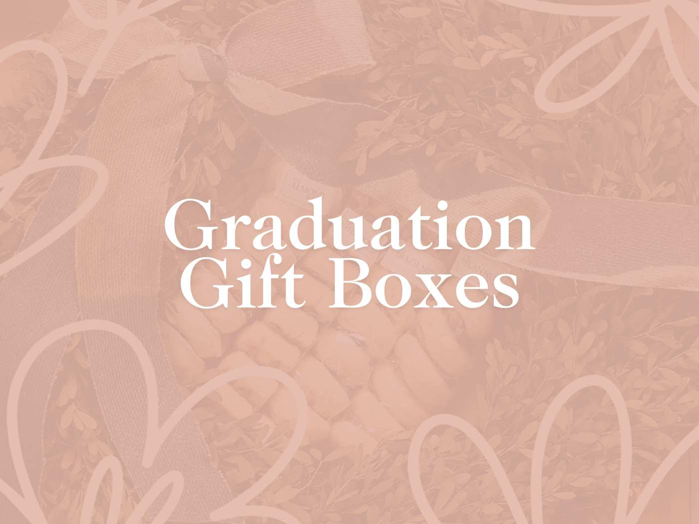 Elegant promotional image for 'Graduation Gift Boxes' and graduation gift ideas with a soft pink floral background and a decorative ribbon, offering a heartfelt and bespoke gifting solution by Fabulous Flowers and Gifts.