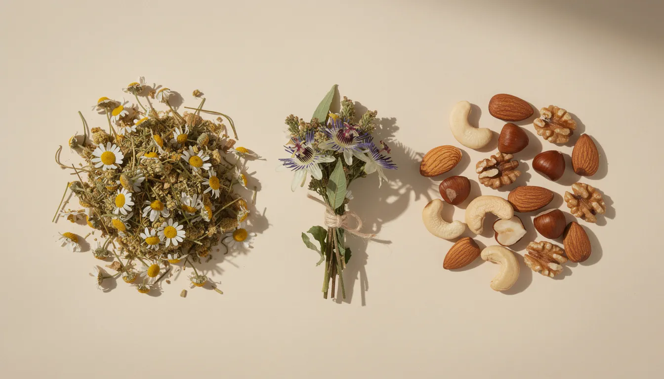 The image features a collection of natural ingredients, including vibrant chamomile flowers, delicate passionflower, and a variety of nuts rich in magnesium, all known for their potential benefits in improving sleep quality and treating chronic insomnia. These ingredients represent natural sleep aids that can help individuals fall asleep faster and achieve restful sleep.