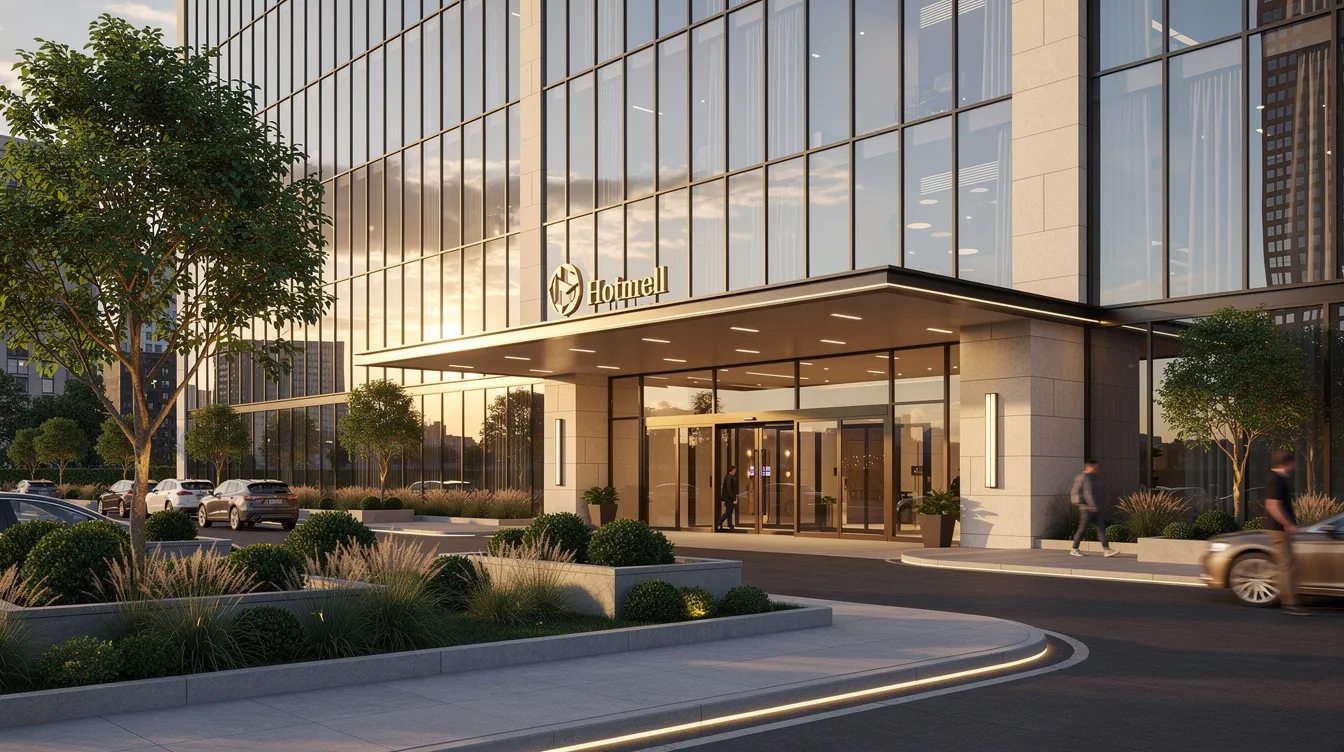 The image depicts a modern hotel building with a sleek glass facade and a beautifully landscaped entrance, showcasing a blend of contemporary architecture and inviting outdoor space. This setting could be ideal for discussions around financial analysis, including aspects like bank loans and financial projections for hospitality businesses.