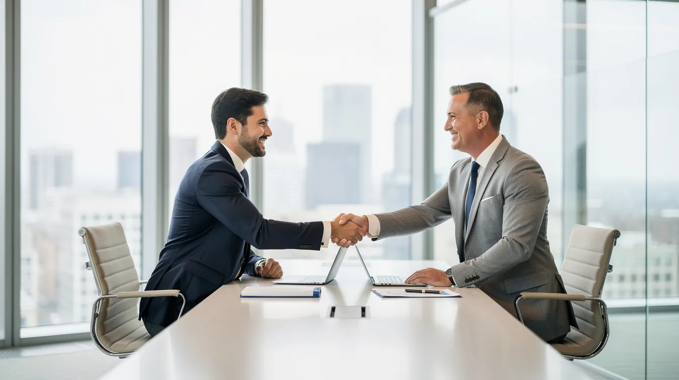 The image depicts two professionals engaged in a handshake across a sleek conference table in a modern office, symbolizing collaboration and business negotiations. This moment could represent discussions about a strong business plan, investment strategy, or job creation as part of an E2 visa business venture.