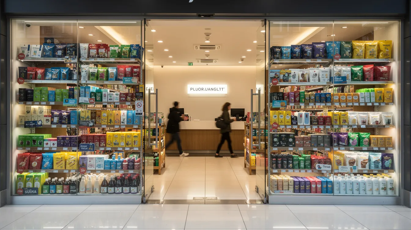The image depicts a retail storefront featuring glass display cases filled with various packaged hemp-derived THC products and other cannabis items neatly arranged on shelves. This setting reflects the legal status and regulations surrounding intoxicating hemp products, catering to consumers seeking information about their options.
