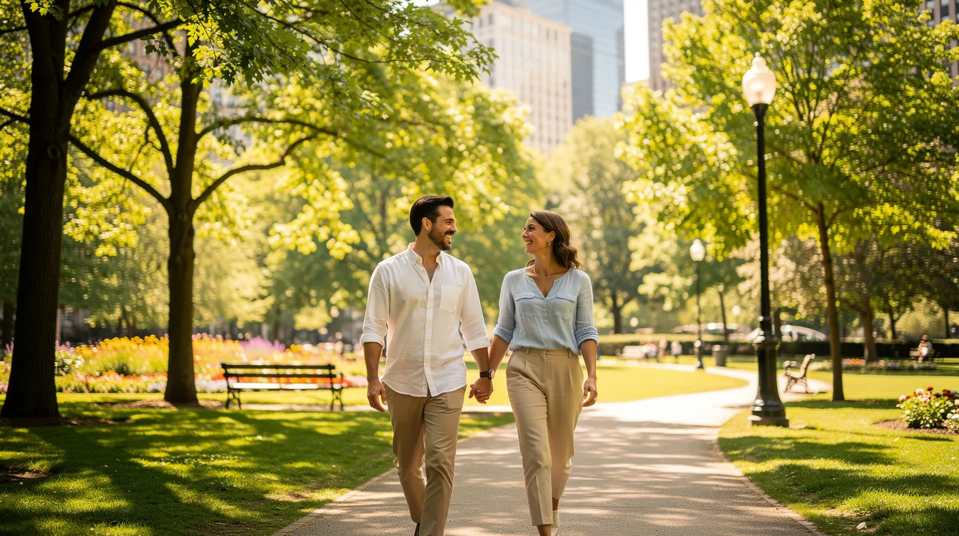 A happy couple strolls hand-in-hand through a vibrant city park on a sunny day, radiating joy and connection, showcasing how dating apps can lead to real-life relationships filled with great chemistry and common interests. Their smiles reflect the fun and excitement of spending time together, suggesting they are on the same page in their journey to find love.
