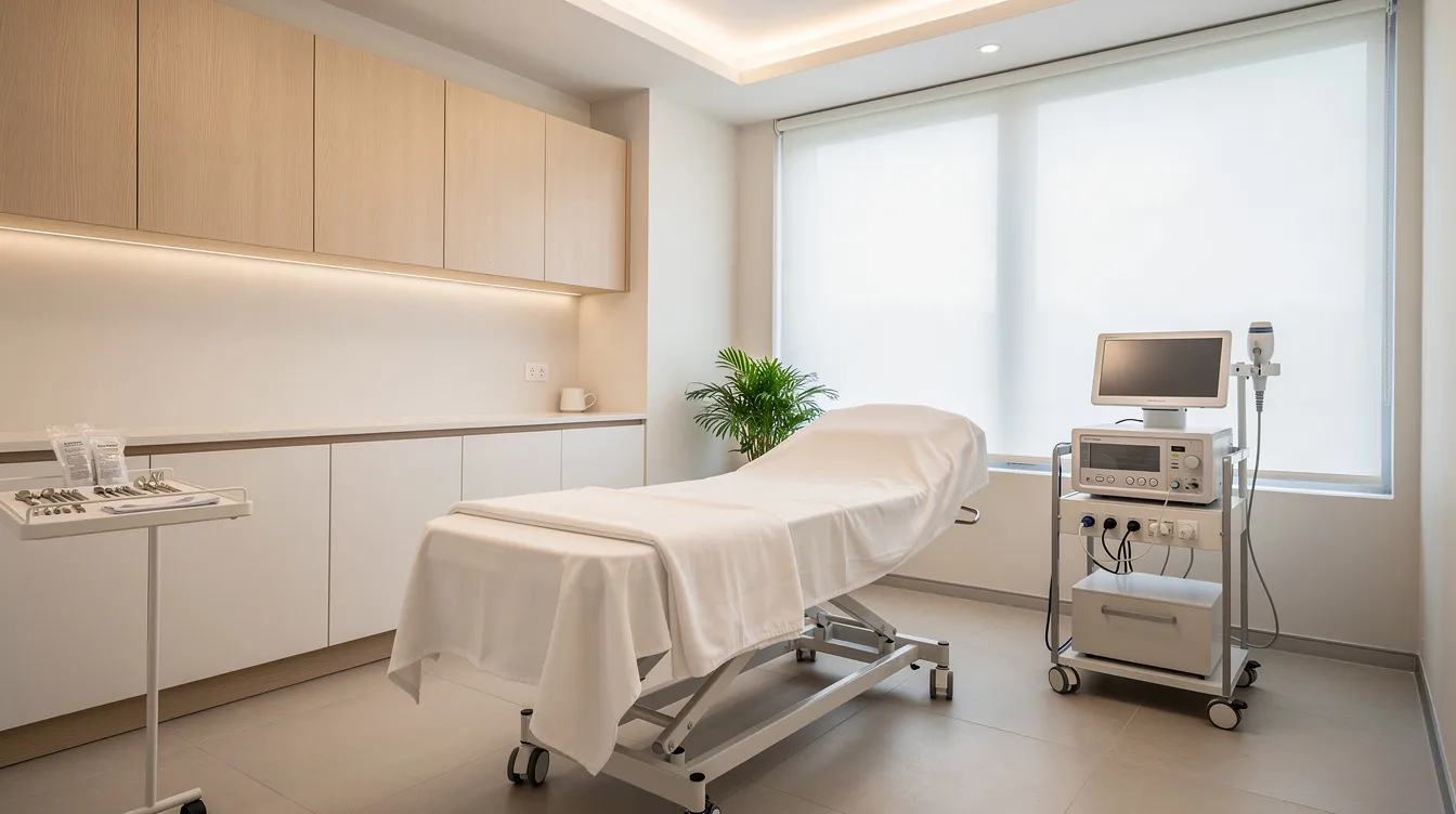 The image depicts a calm and modern treatment room, specifically prepared for a minimally invasive body procedure aimed at cellulite reduction. The serene environment suggests a focus on advanced cellulite treatments, potentially utilizing laser energy or acoustic wave therapy to improve skin texture and stimulate collagen production for smoother skin.