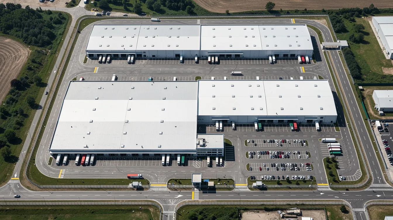 An overhead view of a large factory complex features multiple warehouse buildings, internal roads, and designated truck parking areas, illustrating a well-planned rice mill layout that optimizes space utilization for raw paddy intake and processing capacity. The design includes functional zones for efficient operations and future expansion of the rice mill plant.