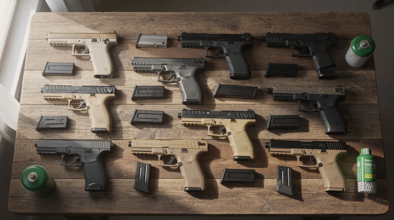 The image features a neatly arranged collection of various airsoft gas blowback pistols on a wooden table, showcasing their full metal construction and realistic blowback action. This display highlights the diversity of gas-powered airsoft pistols, appealing to airsoft enthusiasts and collectors alike.