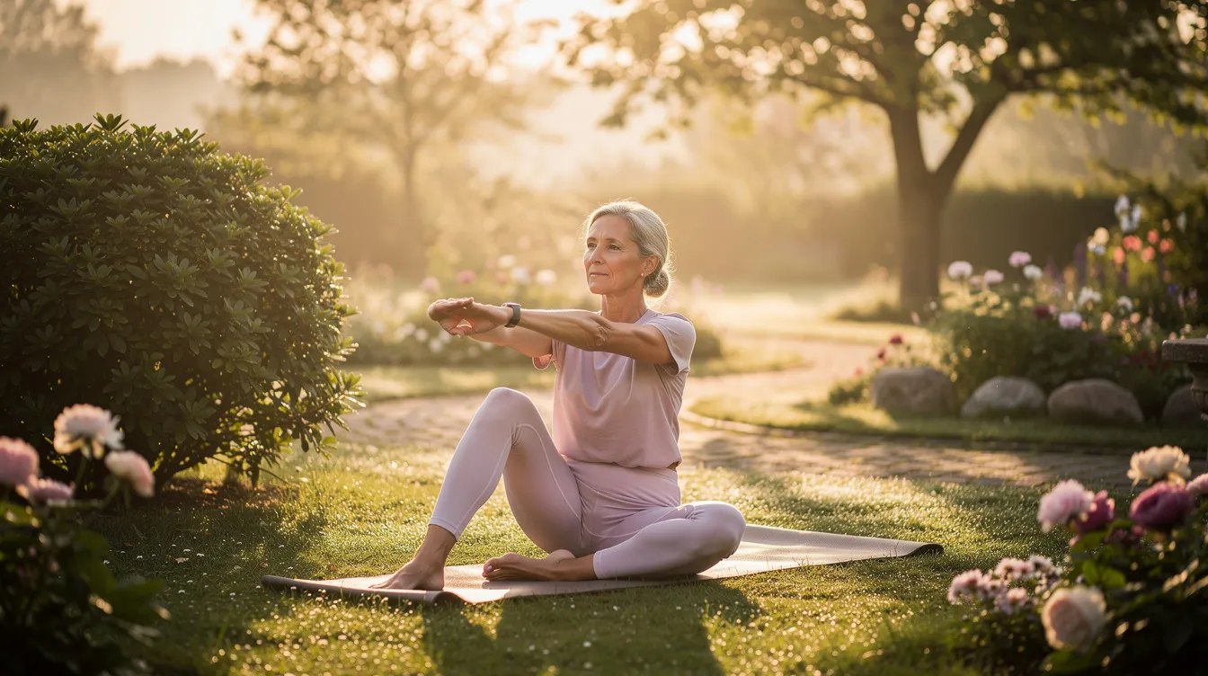 Eine Frau führt sanfte Yogaübungen in einem ruhigen Garten bei Morgenlicht aus, um ihr Wohlbefinden während der Wechseljahre zu fördern und Beschwerden wie Hitzewallungen zu lindern. Die entspannende Atmosphäre unterstützt sie dabei, die Herausforderungen dieser Lebensphase mit mehr Energie und Gelassenheit zu meistern.