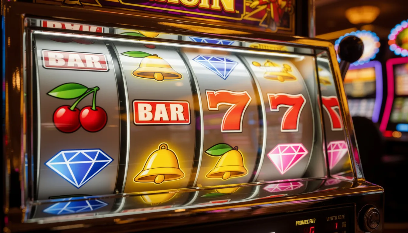 En färgglad spelautomat med snurrande hjul som visar livfulla symboler, inklusive kända figurer från populära spel som "Book of Dead" och "Fire Joker". Denna bild fångar den spännande atmosfären hos Play'n Go slots, där spelare kan njuta av gratis spins och stora vinster.