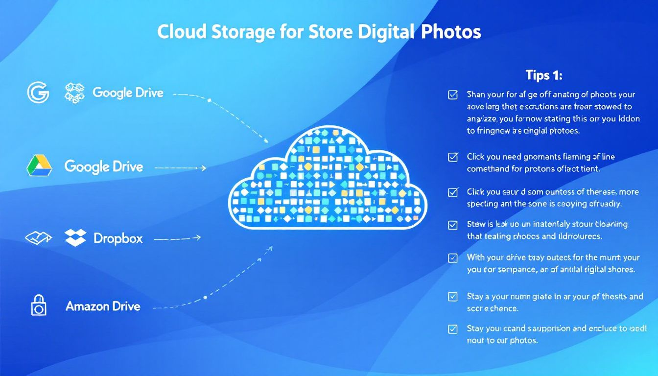 An illustration showing various cloud storage options for storing digital photos.