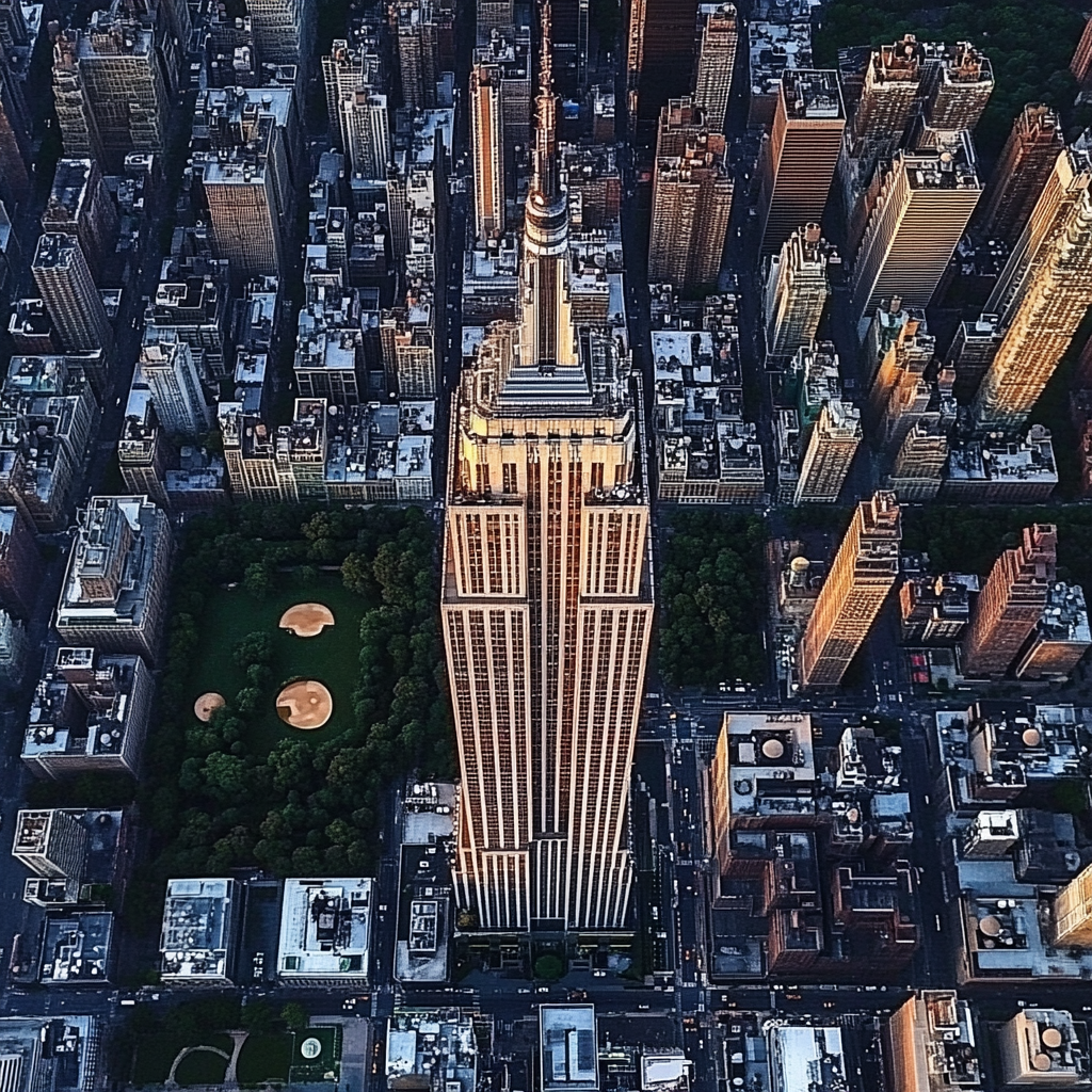 Aerial view of New York City showcasing iconic landmarks like the Empire State Building and Central Park.