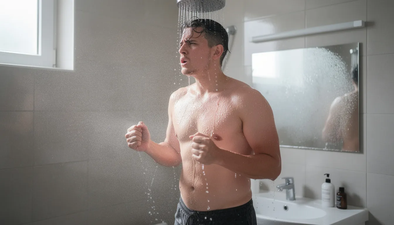 A person stands under a cold shower, beginning their cold therapy journey, as water cascades down, emphasizing the invigorating experience of cold exposure. This moment highlights the potential health benefits of cold water immersion, including improved blood circulation and enhanced immune function.