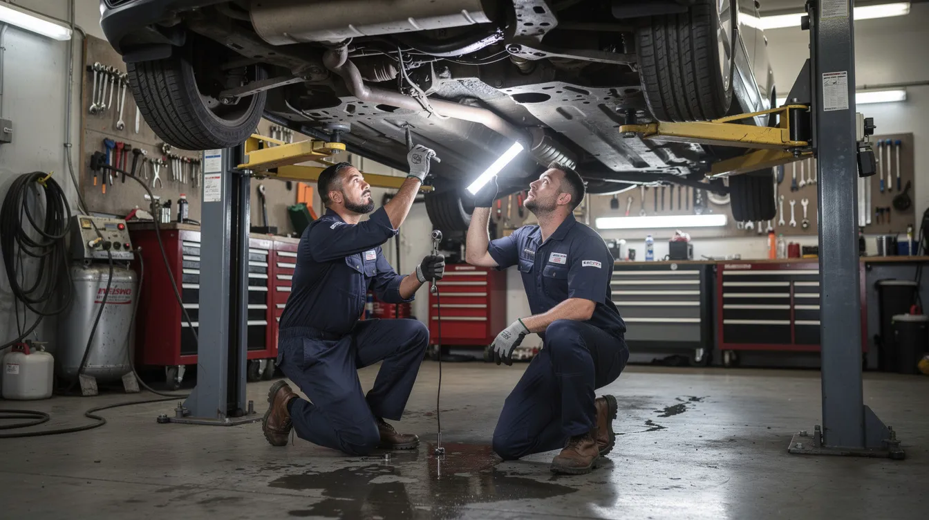 Two automotive service technicians are working underneath a vehicle elevated on a lift in an auto repair shop, focusing on repairs while surrounded by various tools and equipment. This scene highlights the essential work of auto mechanics, emphasizing the importance of having adequate insurance coverage for auto repair shop owners to protect against potential liabilities and property damage.