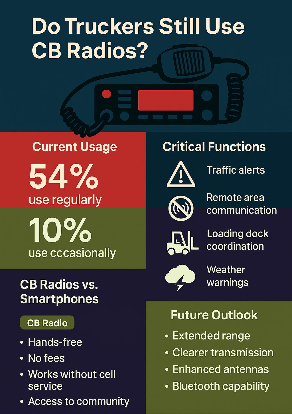 infographic do truckers still use cb radios - 54% still use regulalry, 10% uses occasionally