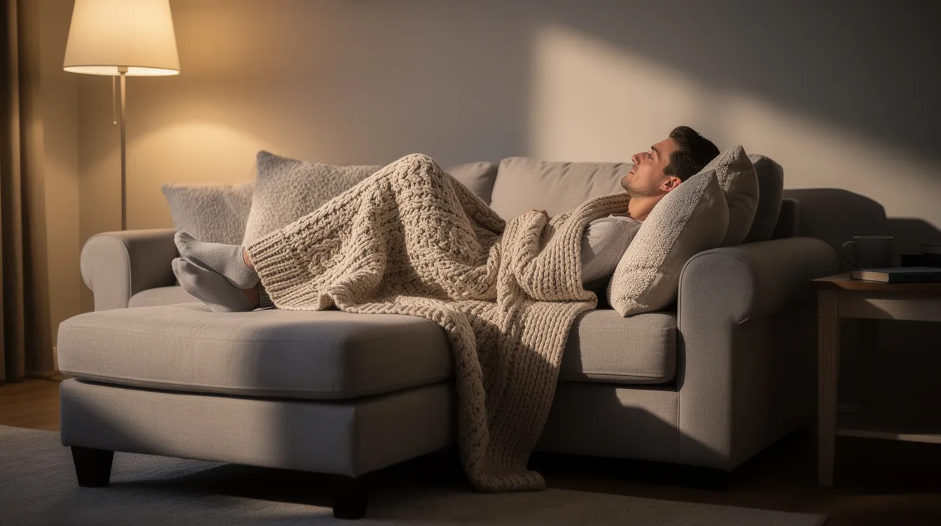 A person is resting comfortably on a couch with their legs elevated and covered by a blanket, suggesting a moment of relaxation. This scene evokes a sense of comfort and recovery, possibly after undergoing body contouring procedures like a thigh lift surgery to address excess skin and fat.