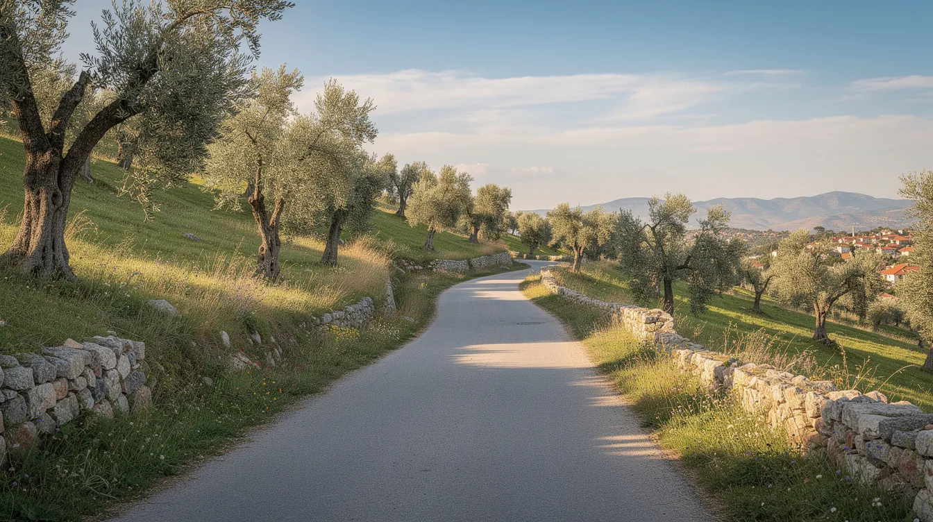 A sunlit countryside road winds through the rolling green hills of western Turkey, dotted with scattered olive trees, evoking the serene beauty of the region. This picturesque landscape is a reminder of the rich history and natural wonders that characterize the area near ancient Ephesus, a UNESCO World Heritage site.