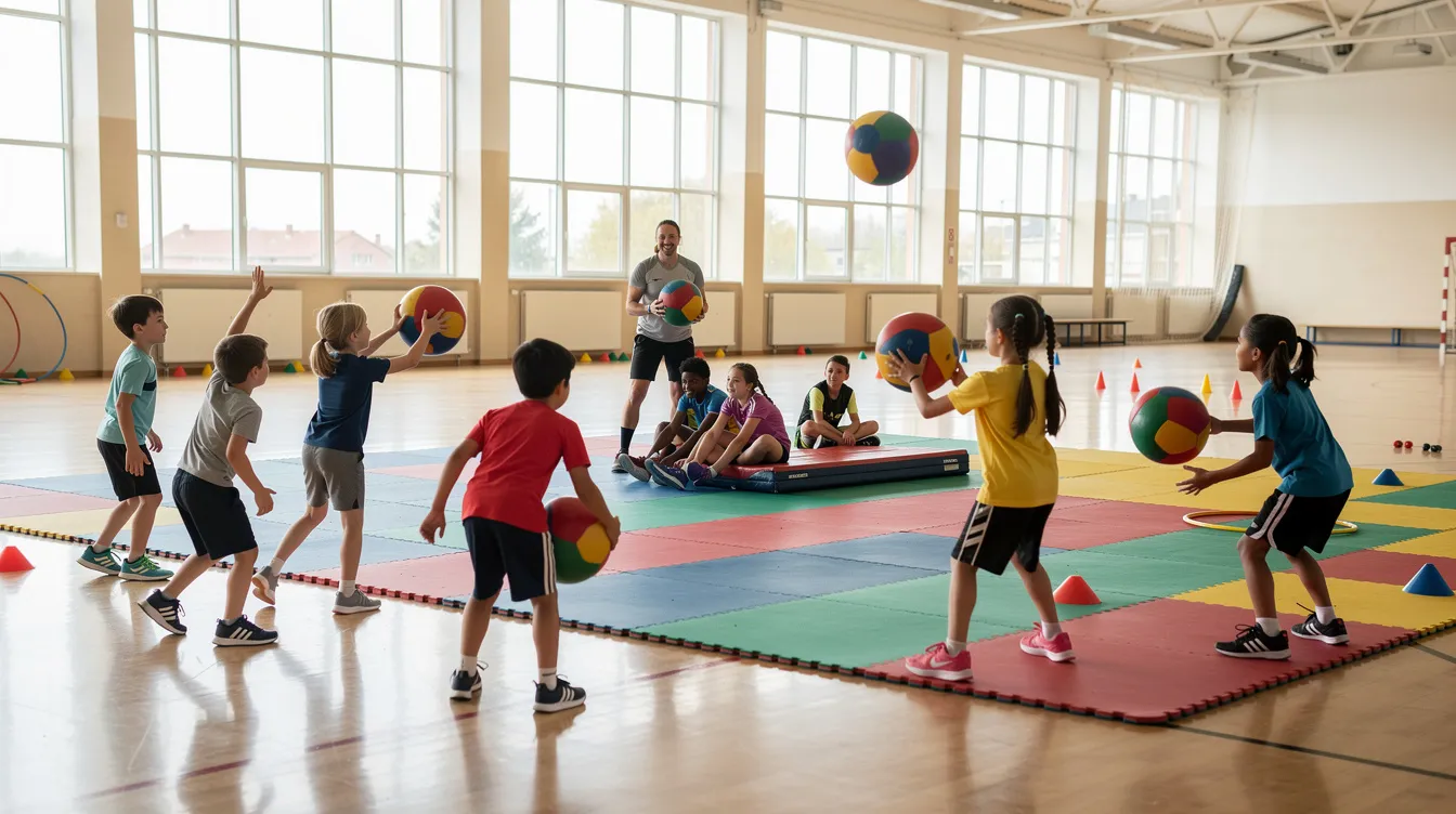 In einer großen Turnhalle sind Kinder verschiedener Altersgruppen aktiv beim Sport, umgeben von bunten Matten und Bällen. Sie haben Spaß an verschiedenen Sportarten und stärken durch Bewegung ihre sozialen Fähigkeiten und Teamgeist im Rahmen des Kindersports.