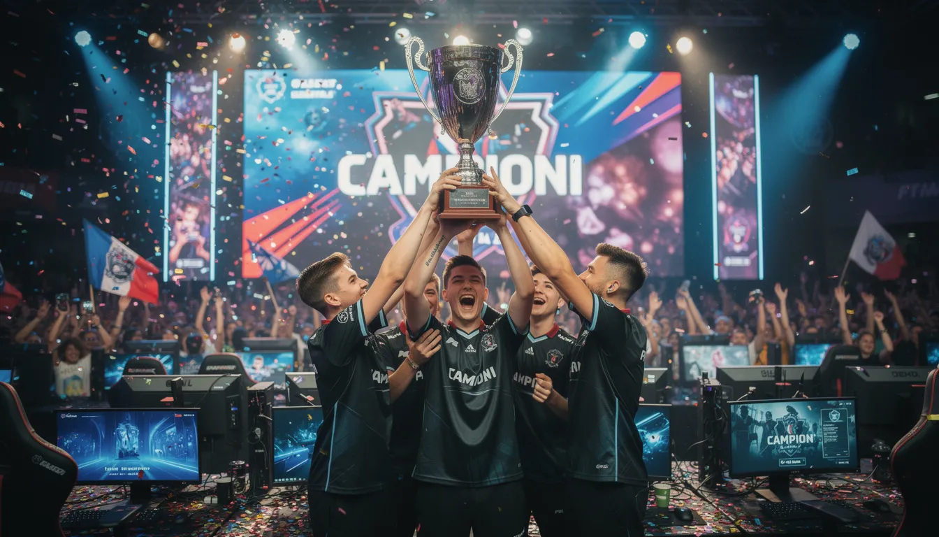 Un team di eSports festeggia una vittoria sollevando un trofeo, circondato da giocatori sorridenti e tifosi entusiasti. L'immagine cattura l'emozione del momento, rappresentando il successo nel mondo dei videogiochi competitivi.