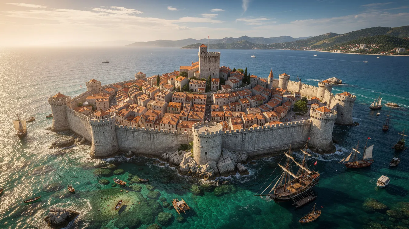 Imagem de uma cidade medieval amuralhada à beira-mar, com telhados alaranjados que contrastam com as águas cristalinas do Mar Adriático. Essa cidade, localizada na Croácia, exibe uma rica herança cultural e é um popular destino turístico na região da Europa Oriental.