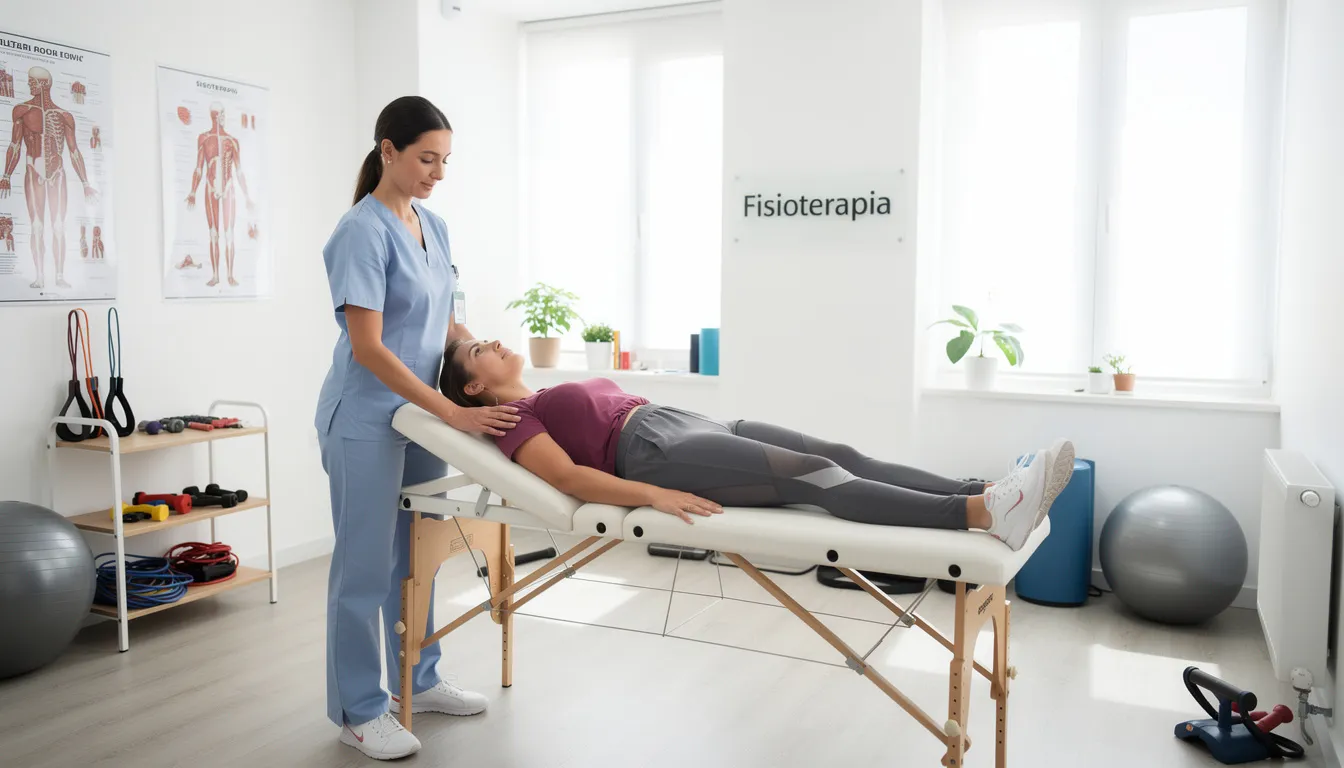 Un fisioterapeuta profesional está atendiendo a un paciente en una clínica moderna, equipada con tecnología avanzada y un diseño web a medida que refleja la calidad de los servicios ofrecidos. La imagen muestra un ambiente acogedor y funcional, ideal para la rehabilitación y el bienestar del paciente.