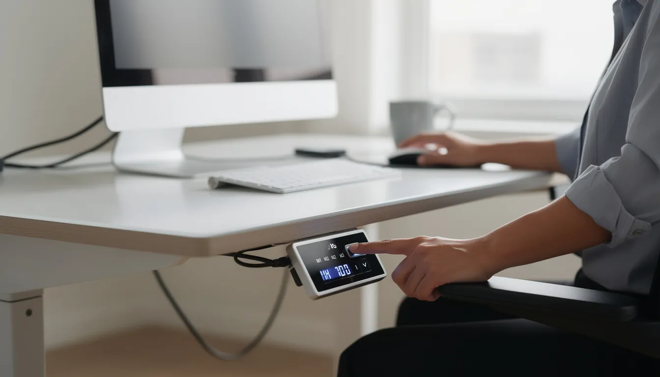 A person is seen adjusting the height of a modern height adjustable standing desk using a digital keypad control panel, showcasing the desk's electric standing capabilities. This setup allows for easy switching between sitting and standing positions, promoting better posture and health benefits during long work hours.