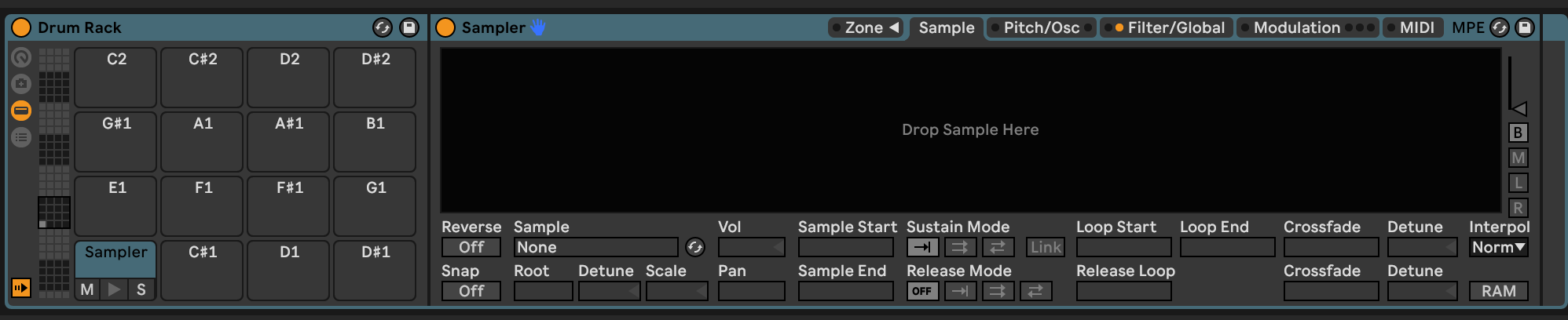 Drum Rack with an empty Sampler