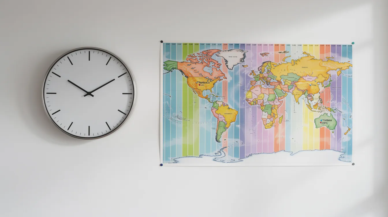 The image features a wall clock positioned next to a detailed world map that highlights various time zones, symbolizing the differences in time across countries. This visual representation connects to the theme of international money transfers, illustrating how individuals can send money abroad while considering the time differences involved.