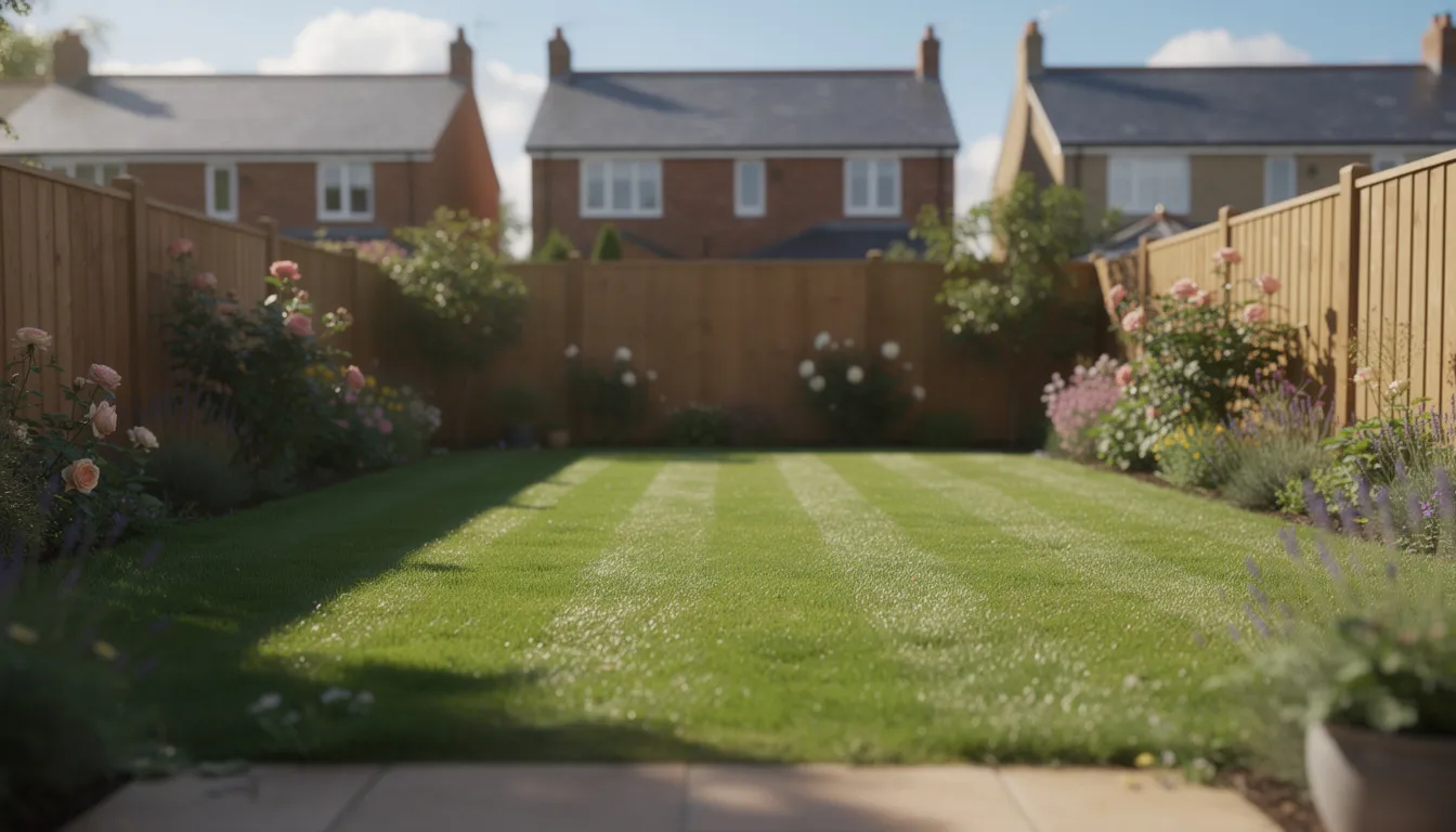 A vibrant, lush green striped lawn fills a typical UK back garden, basking in the sun's warmth on a clear day. The well-maintained grass showcases the results of diligent lawn care, highlighting the healthy growth and vibrant color of the turf.