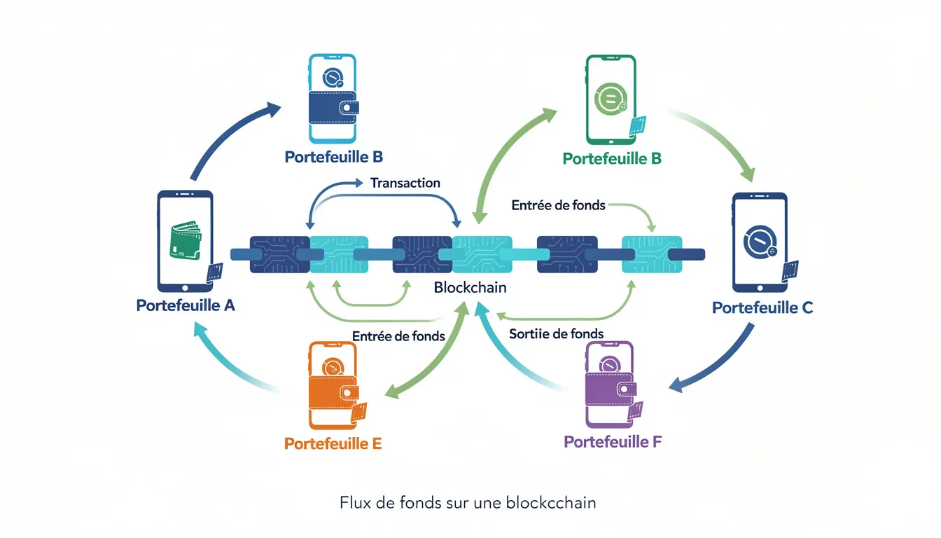 Schéma conceptuel illustrant le flux de fonds entre plusieurs portefeuilles sur une blockchain, mettant en évidence les transactions de crypto actifs et les mouvements de cryptomonnaies. Ce diagramme peut servir d'avertissement contre les arnaques et les fraudes potentielles dans le domaine des investissements en ligne.