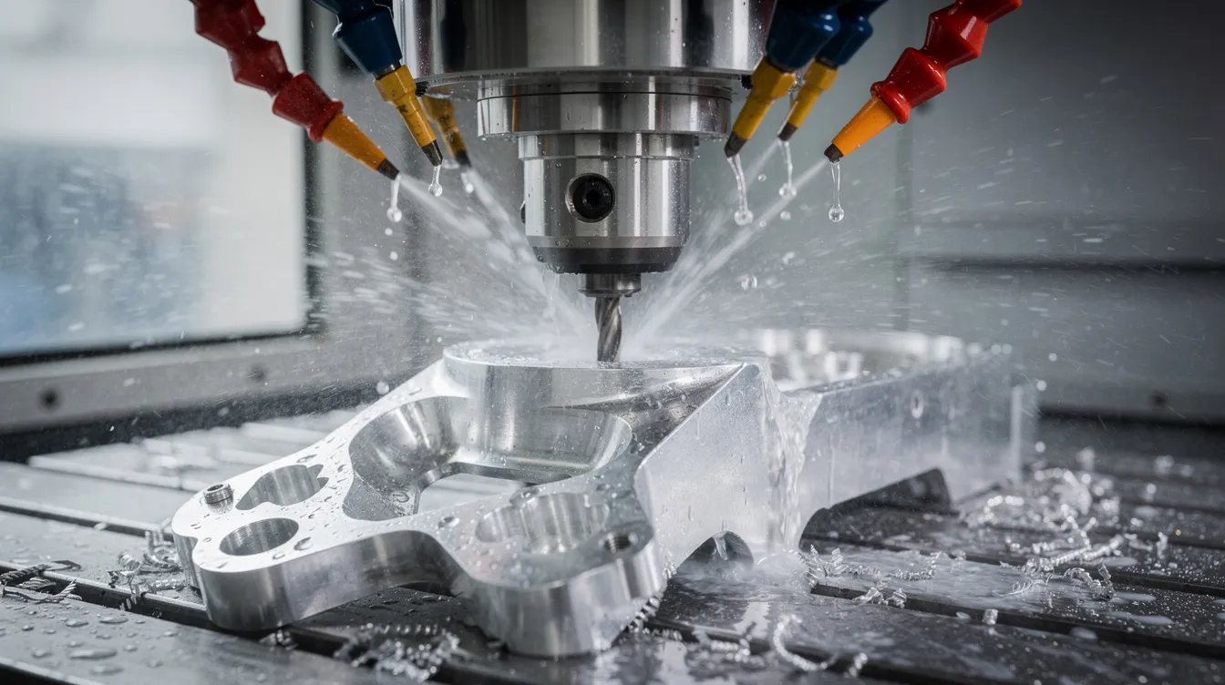 A close-up view of a five-axis CNC milling machine actively cutting an aluminum aerospace bracket, with a visible coolant spray enhancing the precision CNC machining process. This image showcases Anebon's commitment to delivering industrial-grade machining and exceptional quality in their machined components.