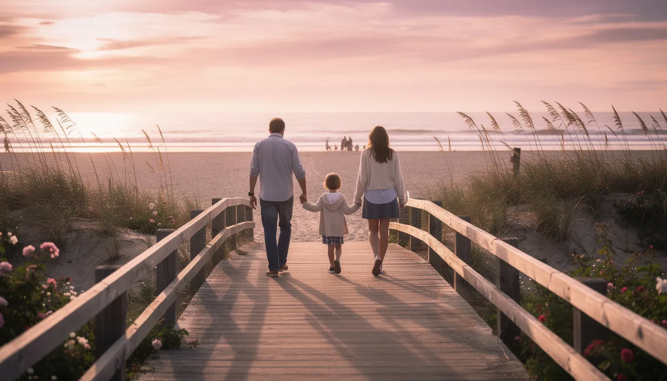 A family walks along a wooden boardwalk toward a sandy beach in Connecticut, with the stunning sunset casting beautiful colors over the Long Island Sound. In the background, beach houses line the coastline, creating a picturesque scene perfect for relaxation and enjoyment.