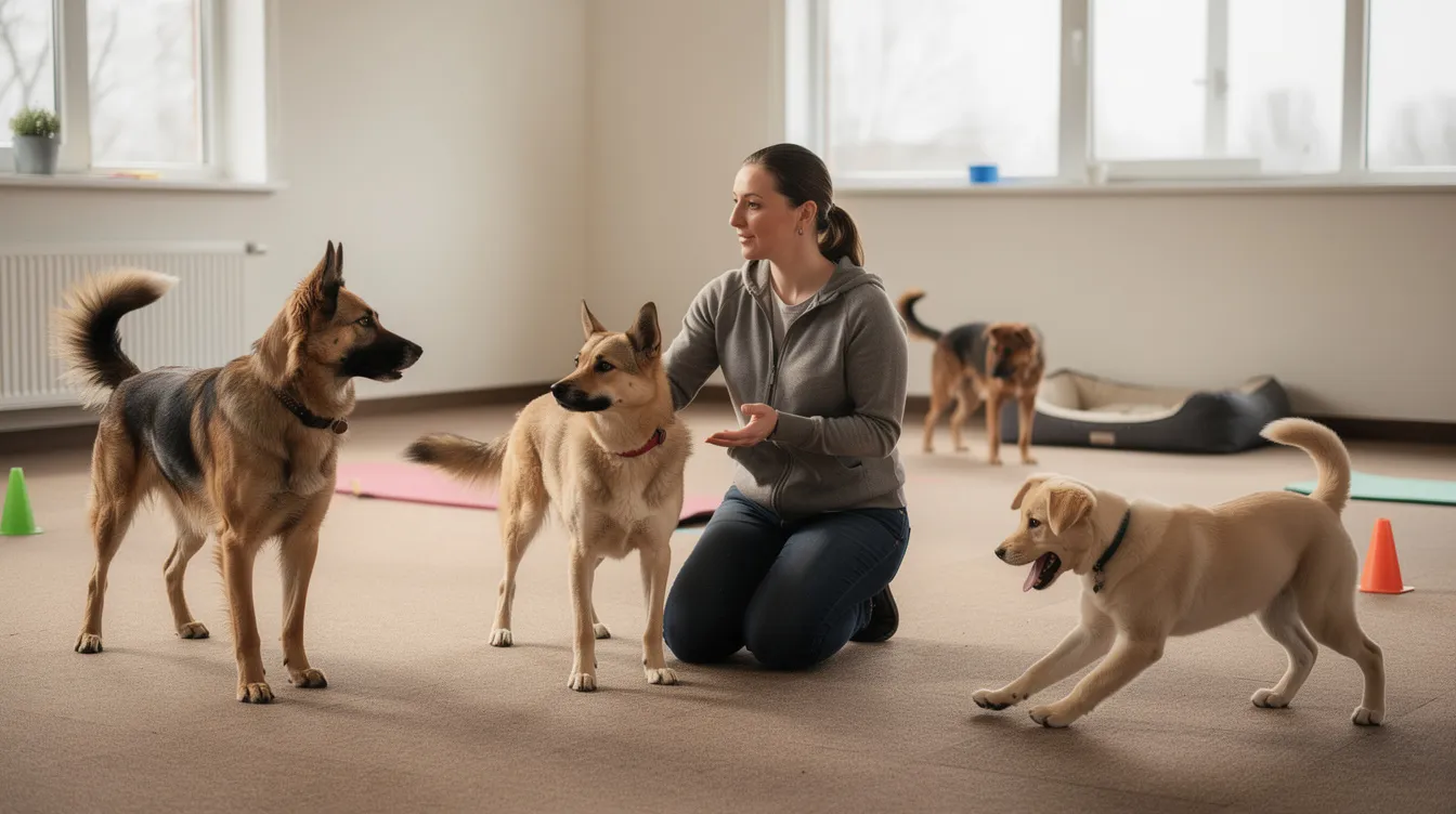 The image depicts a relaxed and happy dog with a wagging tail, showcasing various aspects of canine body language such as floppy ears and soft eyes, emphasizing the importance of understanding dogs' emotional states and communication signals. The dog's posture is open and inviting, illustrating how they communicate their feelings and intentions to both humans and other dogs.