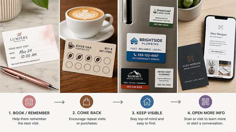 Business card examples matched to appointments, loyalty rewards, local services, and digital profiles